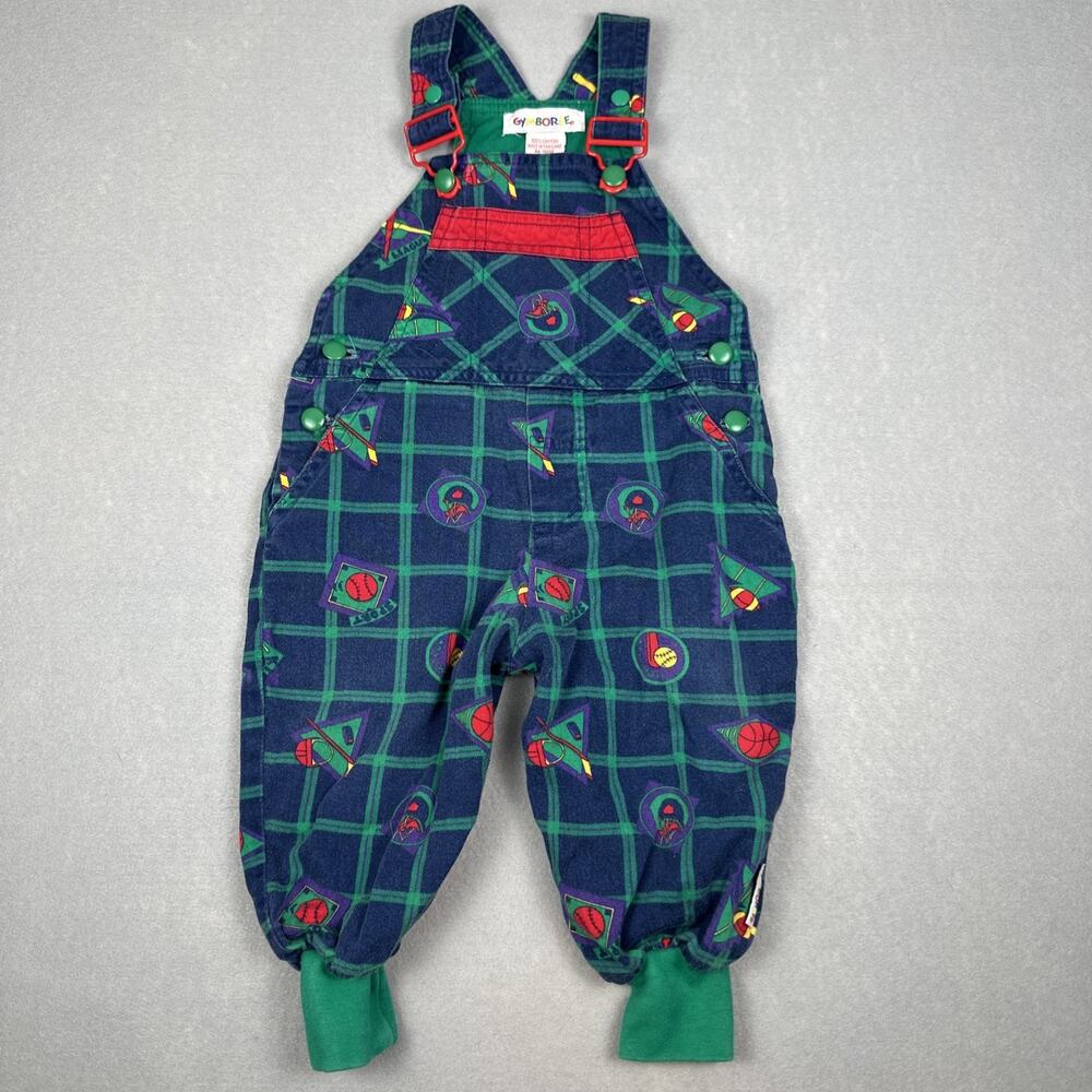 Vintage Gymboree Plaid Sports Overalls Size X-Small Rainbow Tag